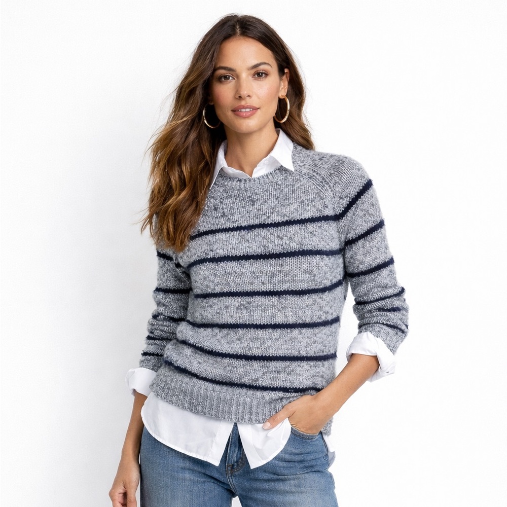 J.Crew Marled Gray and Navy Blue Striped Wool Blend Crew Neck Pullover Sweater
